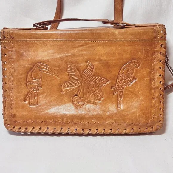 Costa Rica Leather Vintage Shoulder/Crossbody Bag-Removable Strap-Camel/Tan-Rose - Picture 9 of 15